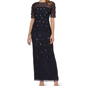 Adrianna Papell Navy Beaded Maxi Gown with Sheer Yoke
